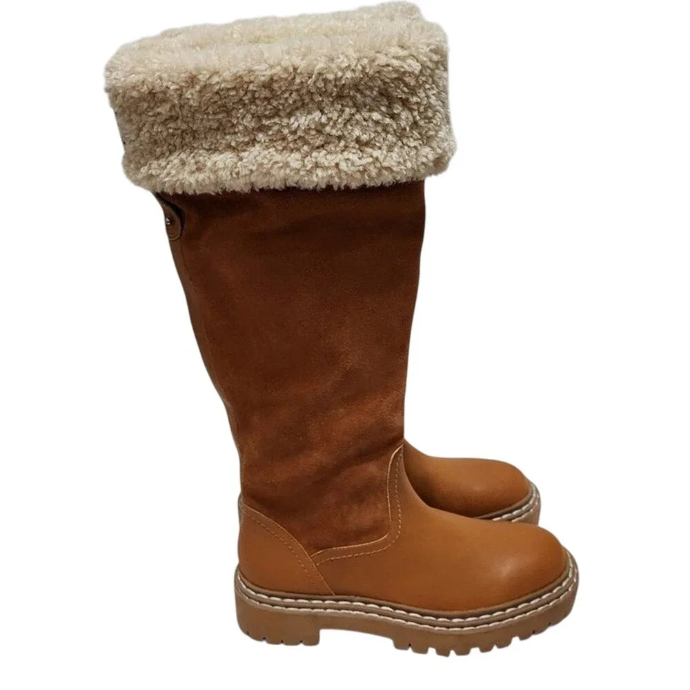 plendid Antonia Cognac Brown Tall Knee High Boots Faux Fur Cuff Lug‎ Sole